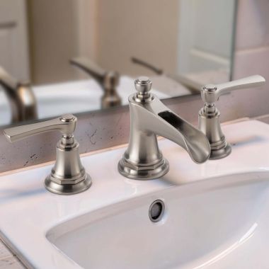 Click here to see  65361LF-NKLHP-ECO Brizo Rook Two-Handle Widespread Bathroom Faucet with Channel Spout, 1.2 GPM, Three-Hole, Less Handles, Brilliance Luxe Nickel - 65361LF-NKLHP-ECO