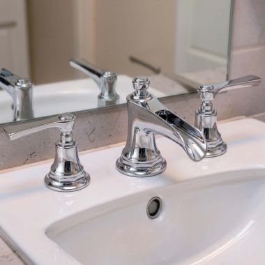 Click here to see Brizo 65361LF-PCLHP-ECO Brizo Rook Two-Handle Widespread Bathroom Faucet With Channel Spout, 1.2 GPM, Less Handles, Polished Chrome - 65361LF-PCLHP-ECO