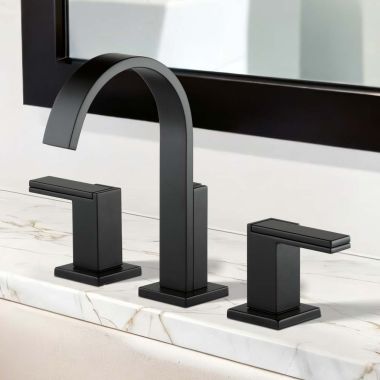 Click here to see  65380LF-BLLHP-ECO Brizo Siderna Two-Handle Widespread Bathroom Faucet with Metal Pop-Up, 1.2 GPM, Three-Hole, Less Handles, Matte Black - 65380LF-BLLHP-ECO