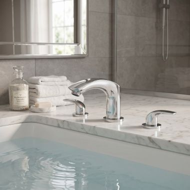 Click here to see Grohe 25168002 GROHE Eurosmart Two-Handle Roman Tub Faucet, Three-Hole, Metal Lever Handles, Starlight Chrome - 25168002