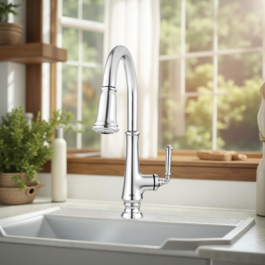 Click here to see American Standard 4279.300.002 American Standard Delancey Single-Handle Pull-Down Kitchen Faucet with Dual Spray, Smooth Retraction, 1.5 GPM, Polished Chrome - 4279300.002