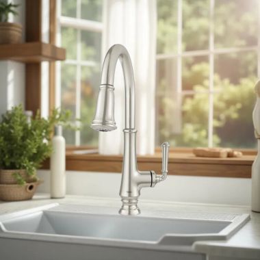 Click here to see American Standard 4279.300.013 American Standard Delancey Single-Handle Pull-Down Kitchen Faucet with Dual Spray, Smooth Retraction, 1.5 GPM, Polished Nickel - 4279300.013