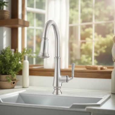 Click here to see American Standard 4279.300.075 American Standard Delancey Single-Handle Pull-Down Kitchen Faucet with Dual Spray, Smooth Retraction, 1.5 GPM, Stainless Steel - 4279300.075