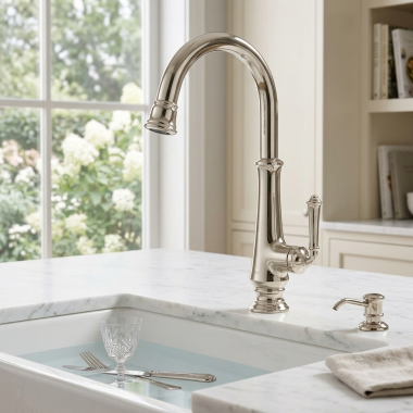 Click here to see American Standard 4279.410.013 American Standard Delancey Single-Handle Pull-Down Bar Faucet, ADA, Lead Free, 1.5 GPM, Polished Nickel - 4279410.013