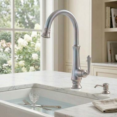 Click here to see AMERICAN STANDARD 4279.410.075 American Standard Delancey Single-Handle Pull-Down Bar Faucet, ADA, Lead Free, 1.5 GPM, Stainless Steel - 4279410.075