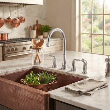 Click here to see AMERICAN STANDARD 4279.701.002 American Standard Delancey Two Handle Widespread Kitchen Faucet with Side Spray, 1.5 GPM, Polished Chrome - 4279701.002