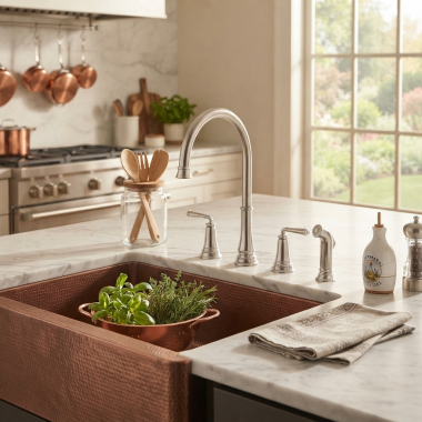 Click here to see AMERICAN STANDARD 4279.701.075 American Standard Delancey Two Handle Widespread Kitchen Faucet with Side Spray, 1.5 GPM, Stainless Steel - 4279.701.075
