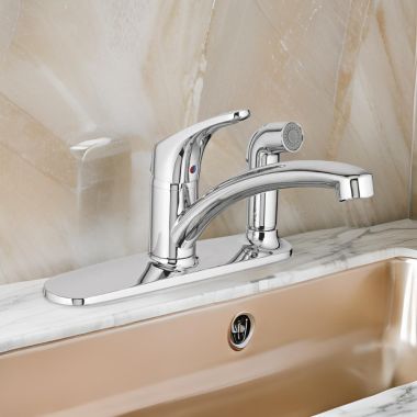Click here to see American Standard 7074.030.002 American Standard Colony Pro Single-Handle Kitchen Faucet w/ Spray on Deck Plate, Chrome - 7074.030.002