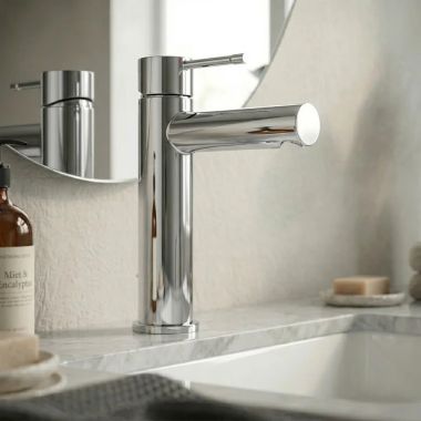 Click here to see  3221600A Grohe Essence Single-Handle S-Size StarLight Chrome Bathroom Faucet with Flex Hose and Drain Assembly, 1.2 GPM, Single-Hole, SilkMove, QuickFix - 3221600A