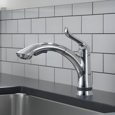 Click here to see Delta 4353-DST Delta Linden Single-Handle Pull-Out Chrome Kitchen Faucet, 1.5 GPM, Lever Handle, Diamond Seal Technology, Touch-Clean, Multi-Flow - 4353-DST