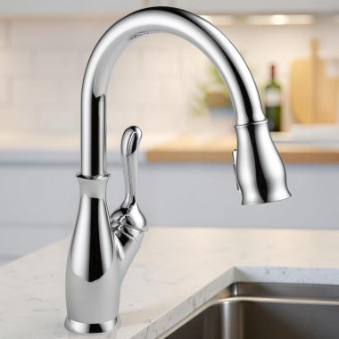 Click here to see Delta 9178-DST Delta Leland Pull-Down Kitchen Faucet, Single Handle, Shieldspray, MagnaTite, Touch-Clean, 1.8 GPM, Chrome - 9178-DST