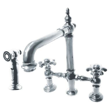 Click here to see Kohler 76519-3M-CP Kohler Artifacts Two-Handle Bridge Kitchen Faucet w/ Side Spray, Prong Handles, Polished Chrome - K-76519-3M-CP