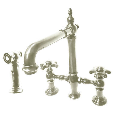 Click here to see Kohler 76519-3M-SN Kohler Artifacts Two-Handle Bridge Kitchen Faucet w/ Side Spray, Prong Handles, Polished Nickel - K-76519-3M-SN