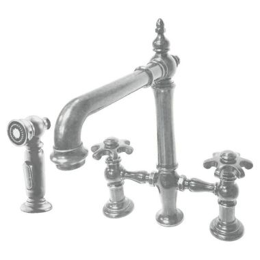 Click here to see Kohler 76519-3M-VS Kohler Artifacts Two-Handle Bridge Kitchen Faucet w/ Side Spray, Prong Handles, Vibrant Stainless - K-76519-3M-VS
