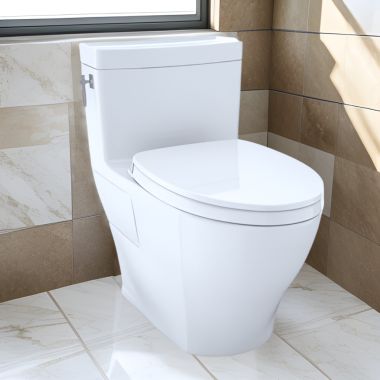 Click here to see Toto MS626124CEFG#01 TOTO Aimes One-Piece Skirted Toilet, Elongated, Universal Height, WASHLET+ Ready, 1.28 GPF, Cotton - MS626124CEFG#01