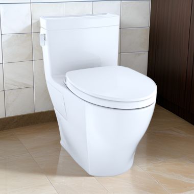 Click here to see Toto MS624124CEFG#01 TOTO Legato One-Piece Skirted Toilet with SoftClose Seat, Elongated, Universal Height, WASHLET+ Ready, 1.28 GPF, Cotton - MS624124CEFG#01