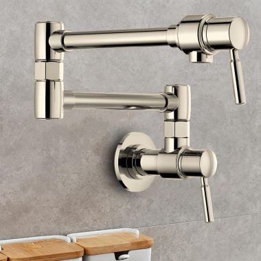 Click here to see Brizo 62820LF-PN Brizo Two-Handle Wall-Mount Pot Filler with Dual-Jointed Swing Spout, 4 GPM, Brilliance Polished Nickel - 62820LF-PN