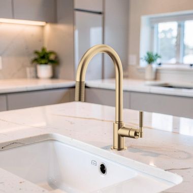 Click here to see Brizo 63043LF-GL Brizo Litze Pull-Down Kitchen Faucet with Arc Spout and Knurled Handle, Two-Function Wand, ADA, 1.8 GPM, Brilliance Luxe Gold - 63043LF-GL