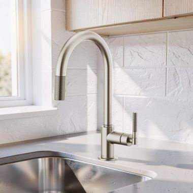 Click here to see  63043LF-SS Brizo Litze Pull-Down Kitchen Faucet with Arc Spout and Knurled Handle, Two-Function Wand, ADA, 1.8 GPM, Brilliance Stainless - 63043LF-SS