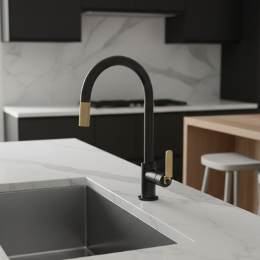 Click here to see Brizo 63044LF-BLGL Brizo Litze Pull-Down Kitchen Faucet with Arc Spout and Industrial Handle, Euro-Motion Ceramic Cartridge, 1.8 GPM, Matte Black/Brilliance Luxe Gold - 63044LF-BLGL