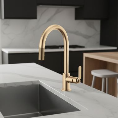 Click here to see Brizo 63044LF-GL Brizo Litze Pull-Down Kitchen Faucet with Arc Spout and Industrial Handle, Euro-Motion Ceramic Cartridge, 1.8 GPM, Brilliance Luxe Gold - 63044LF-GL