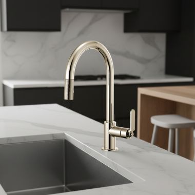 Click here to see Brizo 63044LF-PN Brizo Litze Pull-Down Kitchen Faucet with Arc Spout and Industrial Handle, Euro-Motion Ceramic Cartridge, 1.8 GPM, Brilliance Polished Nickel - 63044LF-PN