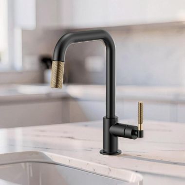 Click here to see Brizo 63053LF-BLGL Brizo Litze Series Pull-Down Single-Handle Faucet with Swivel Spout and Knurled Handle, 1.8 GPM, Matte Black/Brilliance Luxe Gold - 63053LF-BLGL