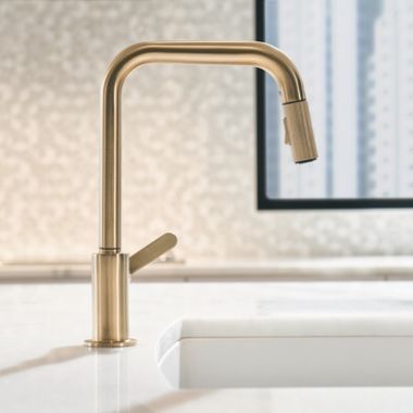 Click here to see Brizo 63054LF-GL Brizo Litze Series Brilliance Luxe Gold Pull-Down Single-Handle Faucet with Swivel Spout and Industrial Handle, 1.8 GPM - 63054LF-GL