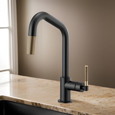 Click here to see Brizo 63063LF-BLGL Brizo Litze Matte Black/Brilliance Luxe Gold Pull-Down Kitchen Faucet with Angled Spout and Knurled Handle - 63063LF-BLGL