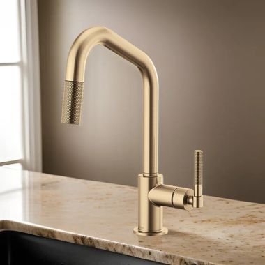 Click here to see Brizo 63063LF-GL Brizo Litze Pull-Down Kitchen Faucet with Angled Spout and Knurled Handle, Brilliance Luxe Gold - 63063LF-GL