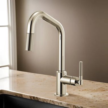 Click here to see Brizo 63063LF-PN Brizo Litze Pull-Down Kitchen Faucet with Angled Spout and Knurled Handle, Brilliance Polished Nickel - 63063LF-PN