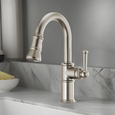 Click here to see Brizo 63925LF-SS Brizo Artesso Single-Handle Pull-Down Prep Faucet w/ 2-Function Sprayer, DIAMOND Seal, MagneDock, 1.8 GPM, Brilliance Stainless - 63925LF-SS