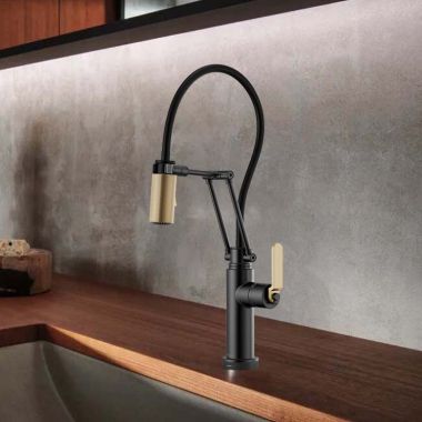 Click here to see Brizo 64244LF-BLGL Brizo Litze One-Handle Pull-Down Kitchen Faucet with Industrial Handle, SmartTouch, MagneDock, TempIP, 1.8 GPM, Matte Black/Brilliance Luxe Gold - 64244LF-BLGL