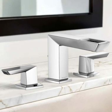 Click here to see  65386LF-PC-ECO Brizo Vettis Two-Handle Widespread Bathroom Faucet with Metal Pop-Up Drain, Open Flow Spout, Three-Hole, 1.2 GPM, Polished Chrome - 65386LF-PC-ECO