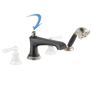 Click here to see Brizo T67460-NKBLLHP Brizo Rook Two-Handle Roman Tub Faucet Trim with H2Okinetic Hand Shower, Angular Spout, 4-Hole, Less Handles, Brilliance Luxe Nickel/Matte Black - T67460-NKBLLHP