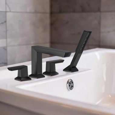 Click here to see Brizo T67488-BL Brizo Vettis Two-Handle Deck-Mount Roman Tub Faucet Trim with 1.75 GPM Hand Shower, WaterSense, ADA, Matte Black - T67488-BL