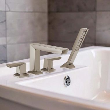 Click here to see Brizo T67488-NK Brizo Vettis Two-Handle Deck-Mount Roman Tub Faucet Trim with 1.75 GPM Hand Shower, WaterSense, ADA, Brilliance Luxe Nickel - T67488-NK