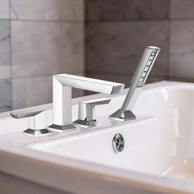 Click here to see Brizo T67488-PC Brizo Vettis Two-Handle Deck-Mount Roman Tub Faucet Trim with 1.75 GPM Hand Shower, WaterSense, ADA, Polished Chrome - T67488-PC