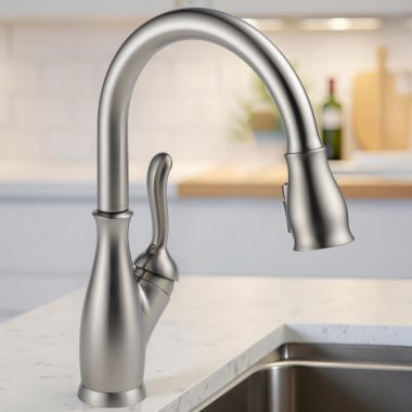 Click here to see Delta 9178-SP-DST Delta Leland Pull-Down Kitchen Faucet, Single Handle, Shieldspray, MagnaTite, Touch-Clean, 1.8 GPM, Spotshield Stainless - 9178-SP-DST