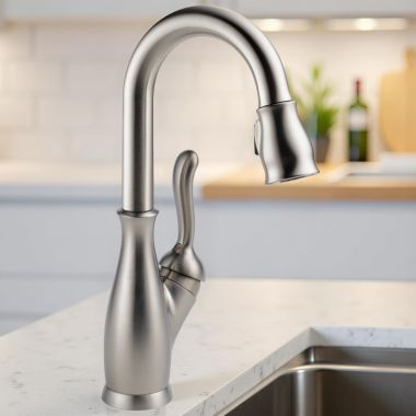 Click here to see Delta 9678-SP-DST Delta Leland Pull-Down Bar/Prep Faucet, Single Handle, Diamond Seal, MagnaTite, ADA, 1.8 GPM, Spotshield Stainless - 9678-SP-DST