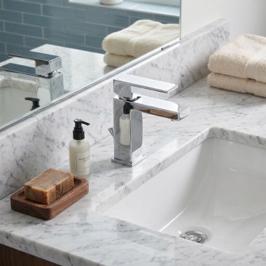 Click here to see  567LF-PP Delta Modern Square Single-Hole Chrome Lavatory Faucet, Metal Pop-Up, 1.2 GPM, Single-Handle, Square Lever Handle, Project Pack - 567LF-PP