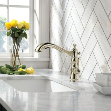 Click here to see Delta 4197-PN-DST Delta Cassidy Single-Handle Pull-Out Polished Nickel Kitchen Faucet, 1.8 GPM, Lever Handle, Diamond Seal Technology, Touch-Clean, Ceramic Cartridge - 4197-PN-DST