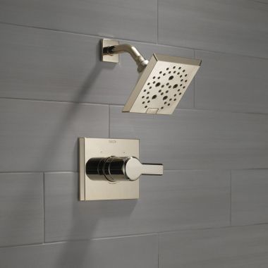 Click here to see Delta T14299-PN Delta Pivotal Monitor 14 Series H2Okinetic Shower Faucet with 5-Setting Angular Rainhead, 1.75 GPM, Single Lever Handle, Polished Nickel - T14299-PN