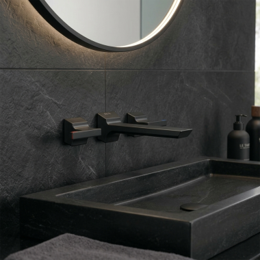 Click here to see Delta T3599LF-BLWL Delta Pivotal Two-Handle Wall Mount Bathroom Faucet, Lever Handle, Matte Black - T3599LF-BLWL