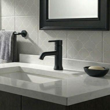 Click here to see Delta 559LF-BLMPU Delta Trinsic Tube Spout Matte Black Lavatory Faucet with Escutcheon, Metal Pop-Up, 1.2 GPM, Single-Handle, Lever Handle - 559LF-BLMPU