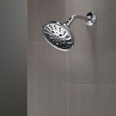 Click here to see Delta 52669 Delta H2Okinetic Touch-Clean Round Raincan Shower Head, Push-Button Diverter, 1.75 GPM, 5-Setting, WaterSense, Chrome - 52669