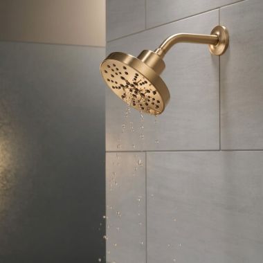 Click here to see Delta 52668-CZ Delta Universal H2Okinetic Touch-Clean Raincan Showerhead, 5-Setting, 1.75 GPM, WaterSense, Champagne Bronze - 52668-CZ