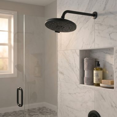 Click here to see Delta 52688-BL Delta Universal H2Okinetic 3-Setting Raincan Shower Head, Matte Black - 52688-BL