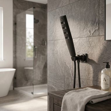 Click here to see  55140-BL Delta Universal Showering H2OKinetic Four-Setting Wall Mount Hand Shower, 1.75 GPM, Matte Black - 55140-BL