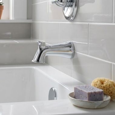 Click here to see DELTA RP51303 Delta Lahara 6-3/4in Chrome Pull-Up Diverter Tub Spout, Wall-Mount Single-Hole Installation - RP51303